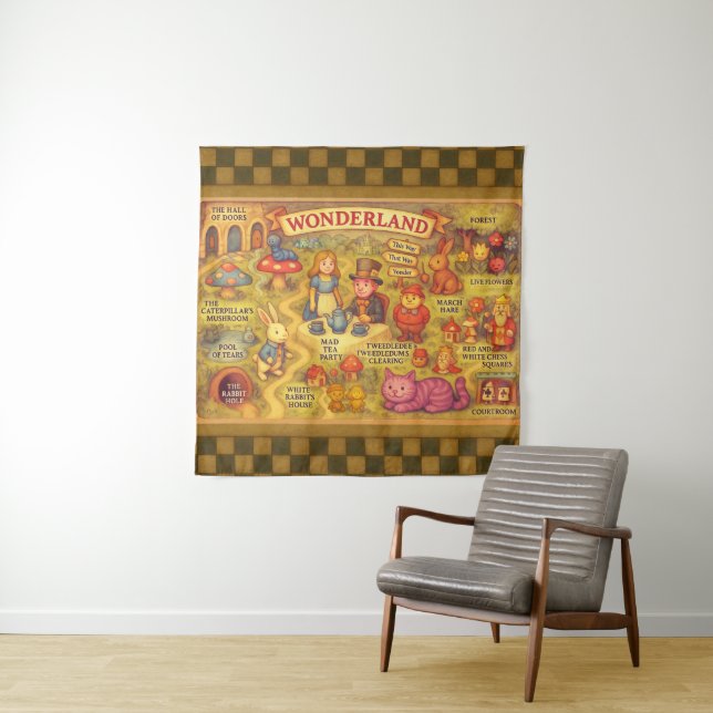 Whimsical Alice in Wonderland Map Tapestry (In Situ)