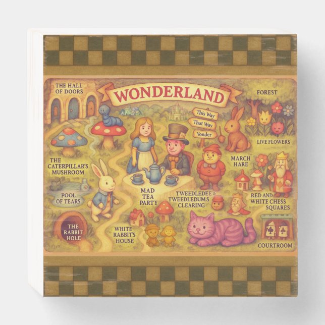 Whimsical Alice in Wonderland Map Wooden Box Sign (Front Horizontal)