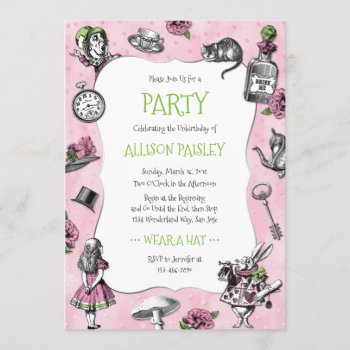 Whimsical Alice In Wonderland Pink And Green Invitation by Charmalot at Zazzle