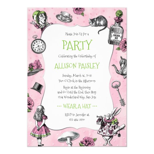 whimsical alice in wonderland pink and green invitation zazzle com