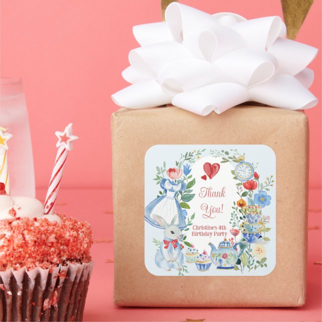 Whimsical Alice in Wonderland Thank You Square Sticker (Party)