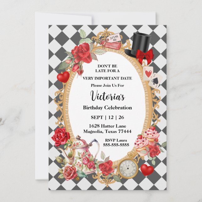 Whimsical Alice Mad Hatter Wonderland Birthday Invitation (Front)