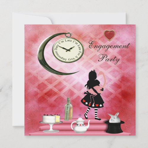Whimsical Alice  Pink Flamingo Engagement Invitation
