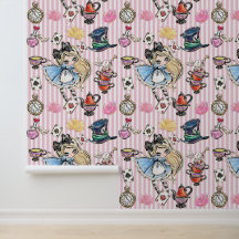 Whimsical Alice Tea Party Pink Stripes Wallpaper