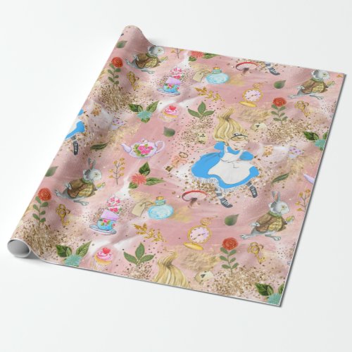 Whimsical Alices Adventures in Wonderland Blush Wrapping Paper