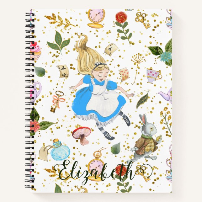 Whimsical Alice's Adventures in Wonderland Glitter Notebook (Front)