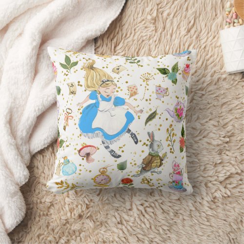 Whimsical Alices Adventures in Wonderland Glitter Throw Pillow