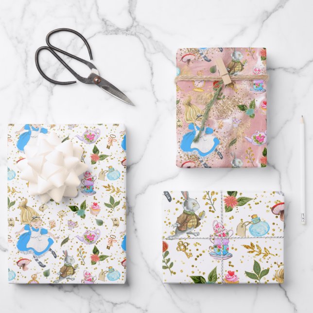 Whimsical Alice's Adventures in Wonderland Party Wrapping Paper Sheets (Front)