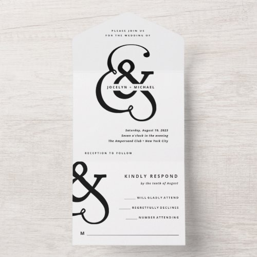 Whimsical Ampersand  Black and White Wedding All In One Invitation