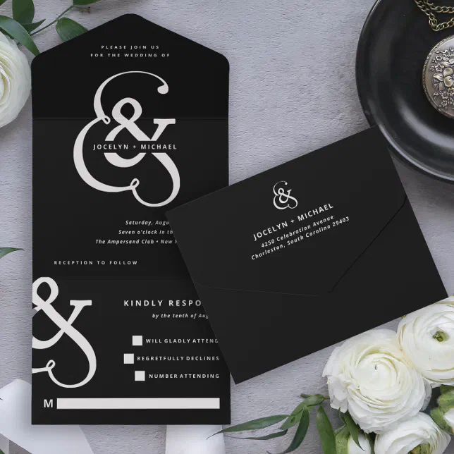 Whimsical Ampersand | Moody Black Wedding All In One Invitation | Zazzle