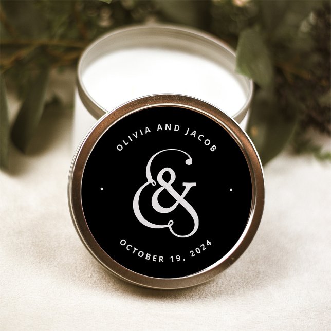 Whimsical Ampersand | Moody Black Wedding Classic Round Sticker (A unique, modern sticker with a light gray ampersand on a dark black background)