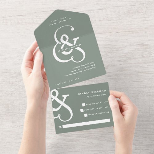 Whimsical Ampersand  Sage Green Wedding All In One Invitation