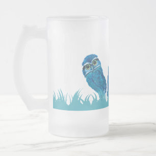 Whimsical and Adorable Blue Burrowing Owl Art Frosted Glass Beer Mug