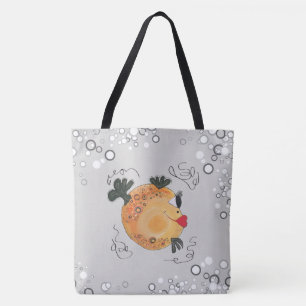 Whimsical and Adorable Fish Art in Teal Tote Bag