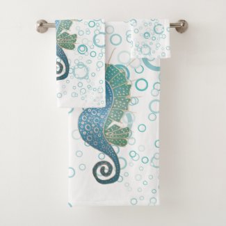 Whimsical and Adorable Seahorse Artwork Bath Towel Set