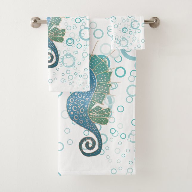 Whimsical and Adorable Seahorse Artwork Bath Towel Set (Insitu)
