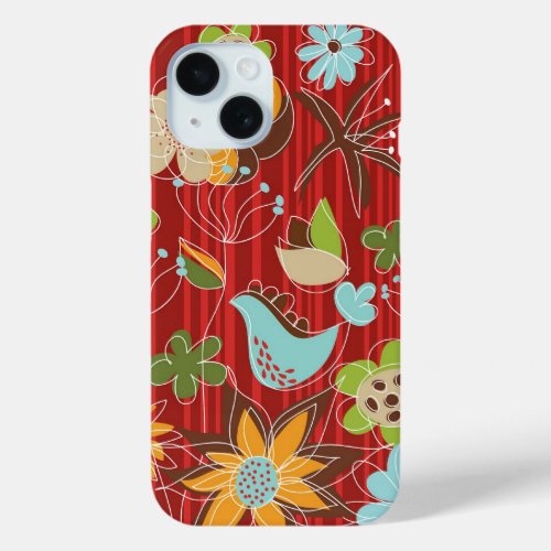 Whimsical And Chic Floral Garden On Red Stripes iPhone 15 Case