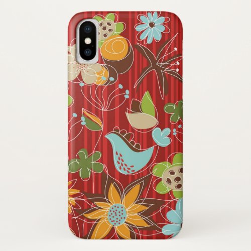 Whimsical And Chic Floral Garden On Red Stripes iPhone X Case
