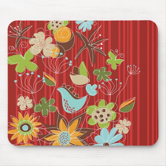 Whimsical And Chic Floral Garden On Red Stripes Mouse Pad (Front)
