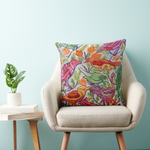 Whimsical and Colorful Floral Bird Throw Pillow