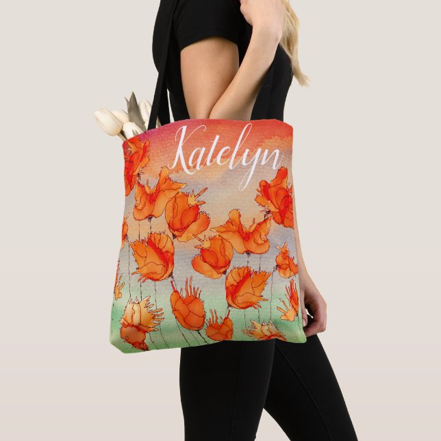 Whimsical and Colorful Orange Poppies Tote Bag (Close Up)