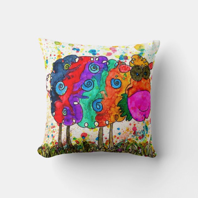 Whimsical and Colorful Sheep Throw Pillow (Front)