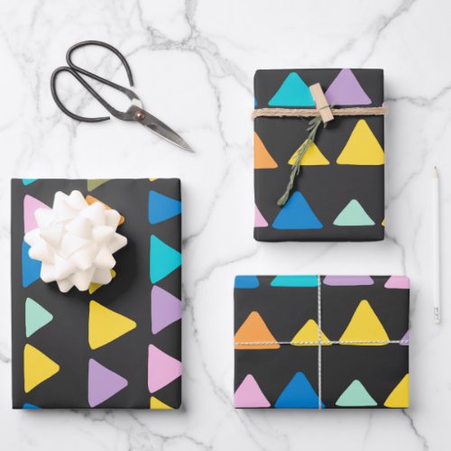 Whimsical and Cute Triangle Pattern Colorful Black Wrapping Paper Sheets
