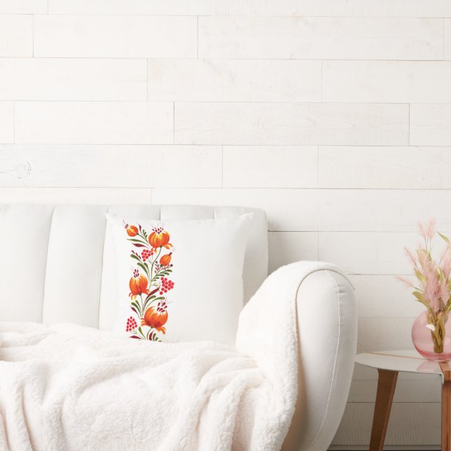 Whimsical and elegant orange flowers and berries  throw pillow (Couch)