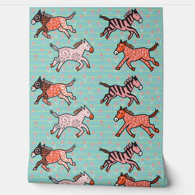 Whimsical and playful stylized zebras wallpaper  (Unrolling)