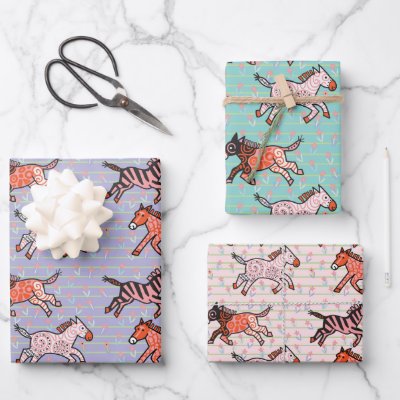 Whimsical and playful stylized zebras wrapping paper sheets