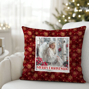 Whimsical Angel Poinsettia Red Gold Best Christmas Throw Pillow