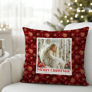 Whimsical Angel Red Gold Custom Name Christmas Throw Pillow