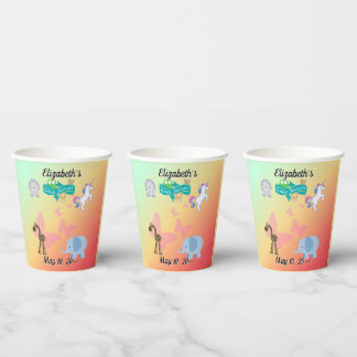 Whimsical Animal Parade Green Yellow Orange Paper Cups