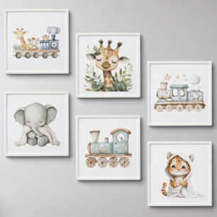Whimsical Animal Train Nursery Wall Art Peel And Stick Photo Tile