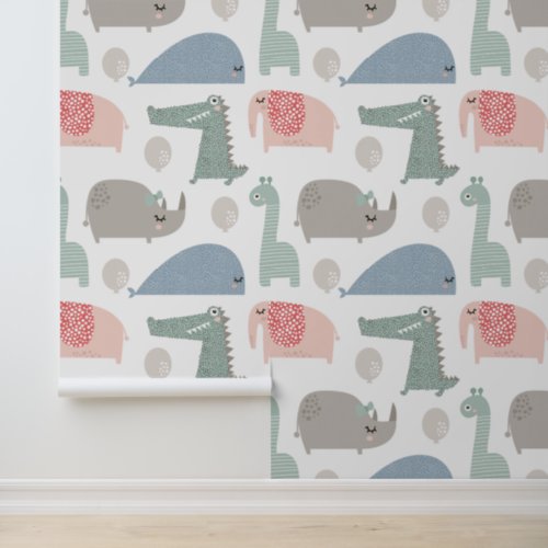 Whimsical Animals Cute Modern Kids Pattern Wallpaper