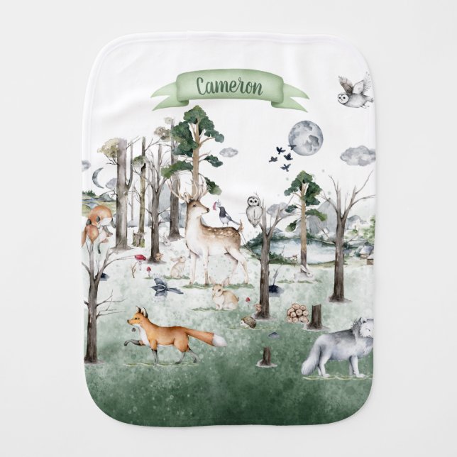 Whimsical Animals in the Woodland Customizable Baby Burp Cloth (Front)