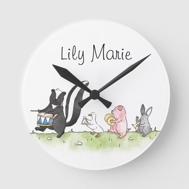 Whimsical Animals Marching Band Personalized  Round Clock (Front)