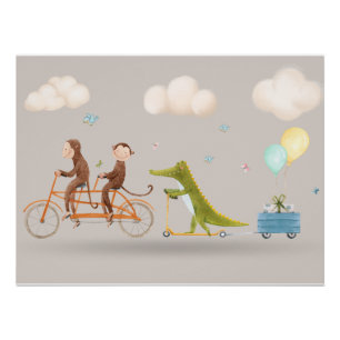 Whimsical Animals on Bicycle Nursery Wall art 