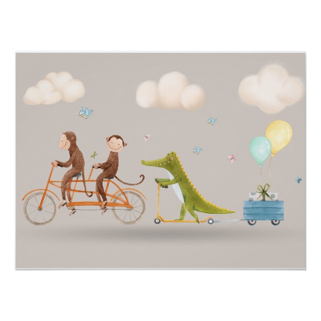Whimsical Animals on Bicycle Nursery Wall art  (Front)