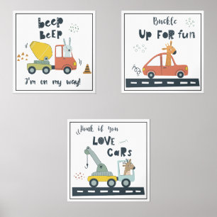 Whimsical Animalsl Cars & Construction Scene Wall Art Sets