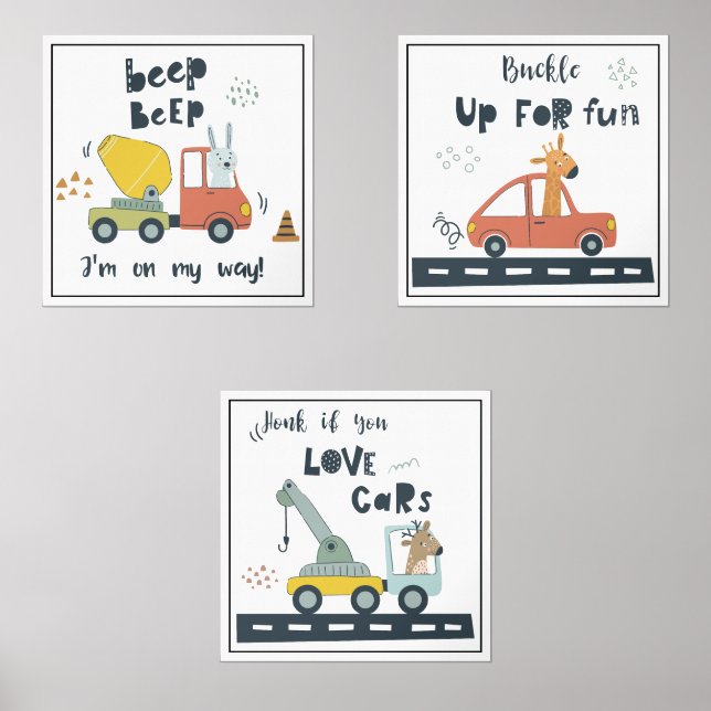 Whimsical Animalsl Cars & Construction Scene Wall Art Sets (Front)