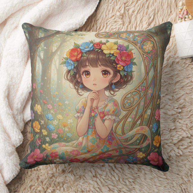 Whimsical Anime Girl  Throw Pillow (Blanket)