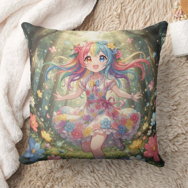 Whimsical Anime Girl Throw Pillow (Blanket)