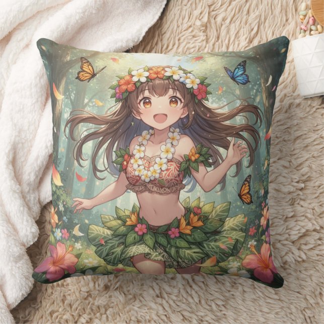 Whimsical Anime Girl Throw Pillow (Blanket)