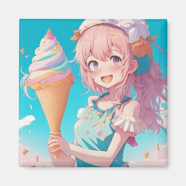 Whimsical Anime Girl with Ice Cream Cone Magnet (Front)