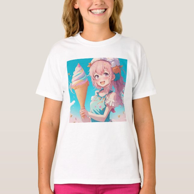 Whimsical Anime Girl with Ice Cream Cone T-Shirt (Front)