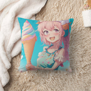 Whimsical Anime Girl with Ice Cream Cone Throw Pillow