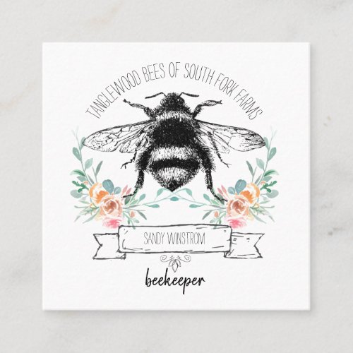 Whimsical Apiary Elegant Honey Bee Logo Beekeeper Square Business Card