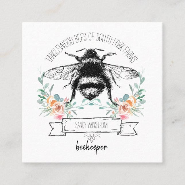Whimsical Apiary Elegant Honey Bee Logo Beekeeper Square Business Card (Front)