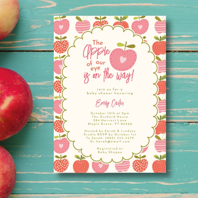 Whimsical Apple of Our Eye Fall Modern Pink Invitation (Creator Uploaded)